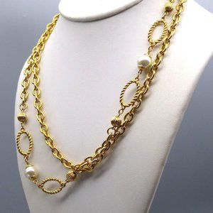 Gorgeous Gold Tone Chain Station Necklace with Faux Pearls and Oval Twisted Link